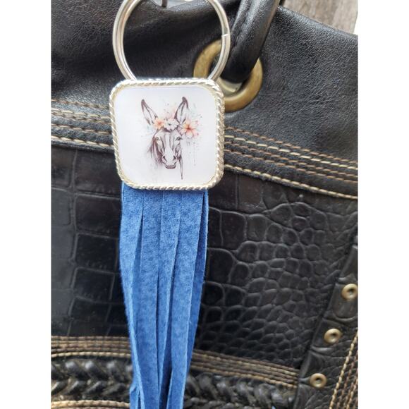 Handmade mule lover boho Leather Fringe Western bag charm, Long fringe keychain - Picture 1 of 5